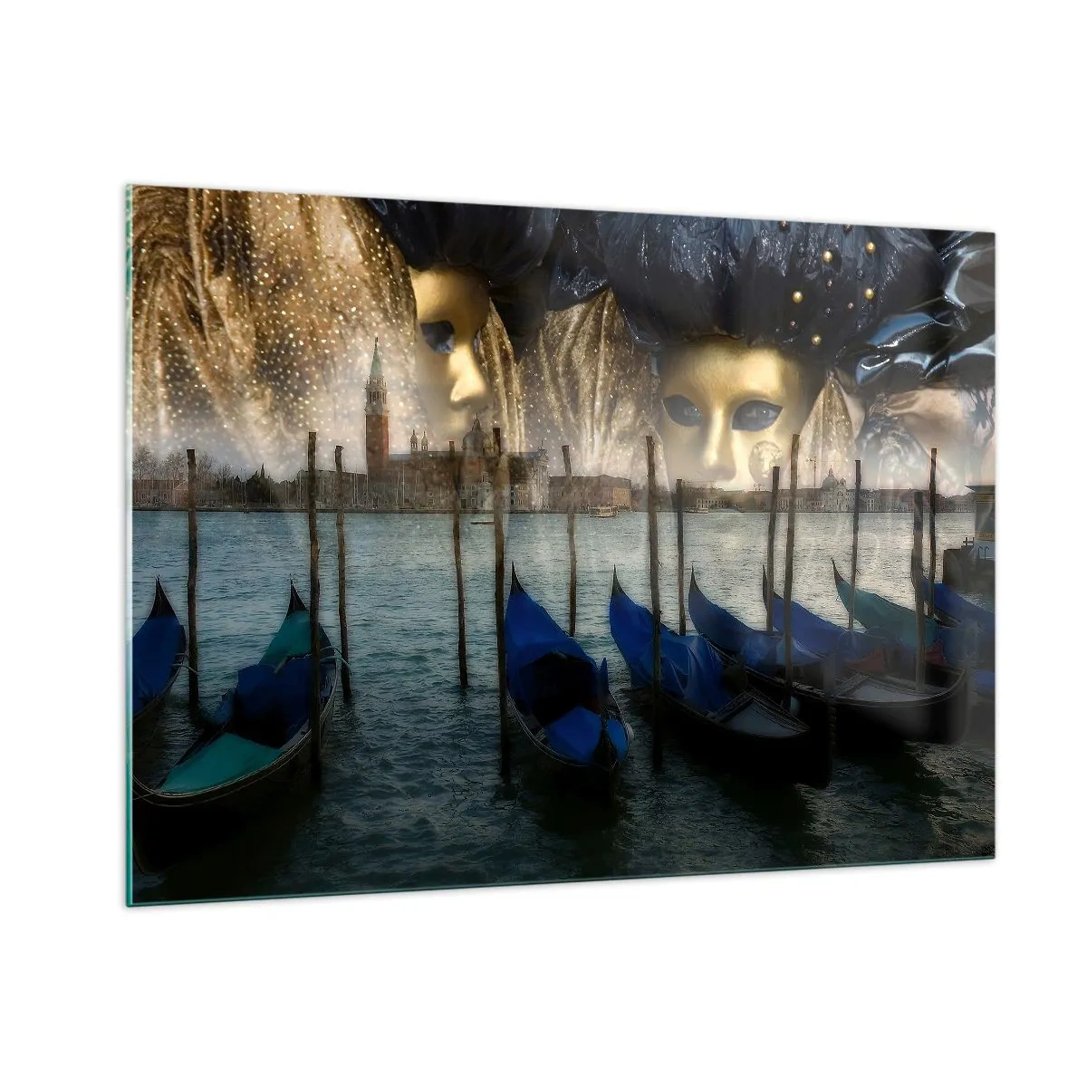 Impression sur verre - Image sur verre - Venise avec gondoles et masques de carnaval - 100x70cm - Il est temps de commencer le carnaval - Décoration murale moderne pour le salon et la chambre ARTTOR