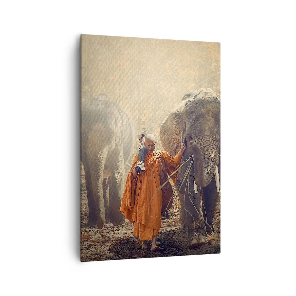 Impression sur toile - Image sur toile - Un moine en robe orange conduit un éléphant dans la forêt. - 70x100cm - Compréhension totale - Décoration murale moderne pour le salon et la chambre ARTTOR