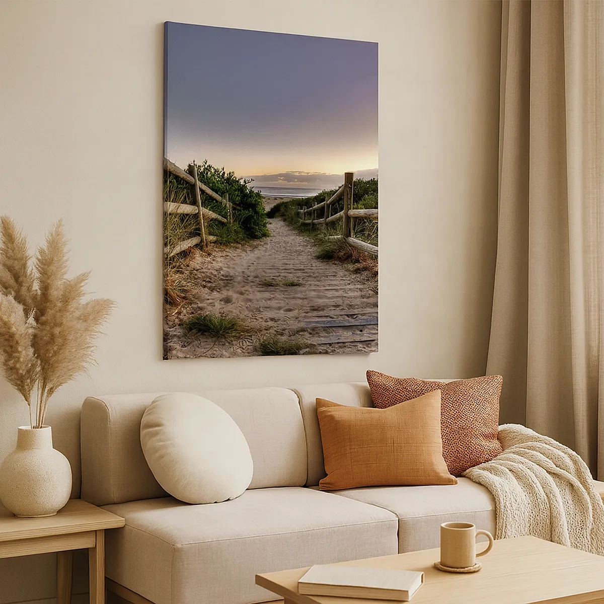 Impression sur toile - Image sur toile - Chemin en bois dans les dunes menant à la plage au coucher du soleil - 50x70cm - On voit déjà le but - Décoration murale moderne pour le salon et la chambre ARTTOR