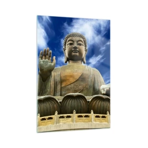 Impression sur verre - Image sur verre - Une grande statue de Bouddha contre un ciel bleu - 50x70cm - Vivre sans peur - Décoration murale moderne pour le salon et la chambre ARTTOR