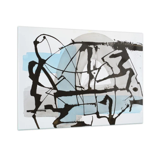 Impression sur verre - Image sur verre - Composition abstraite avec un croquis noir et des taches bleues - 100x70cm - Bleu malgré tout - Décoration murale moderne pour le salon et la chambre ARTTOR