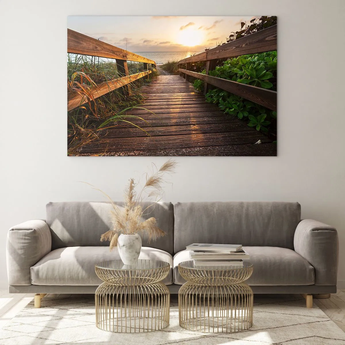 Impression sur verre - Image sur verre - Passerelle en bois menant à la plage au coucher du soleil - 70x50cm - Tout droit vers le rivage - Décoration murale moderne pour le salon et la chambre ARTTOR