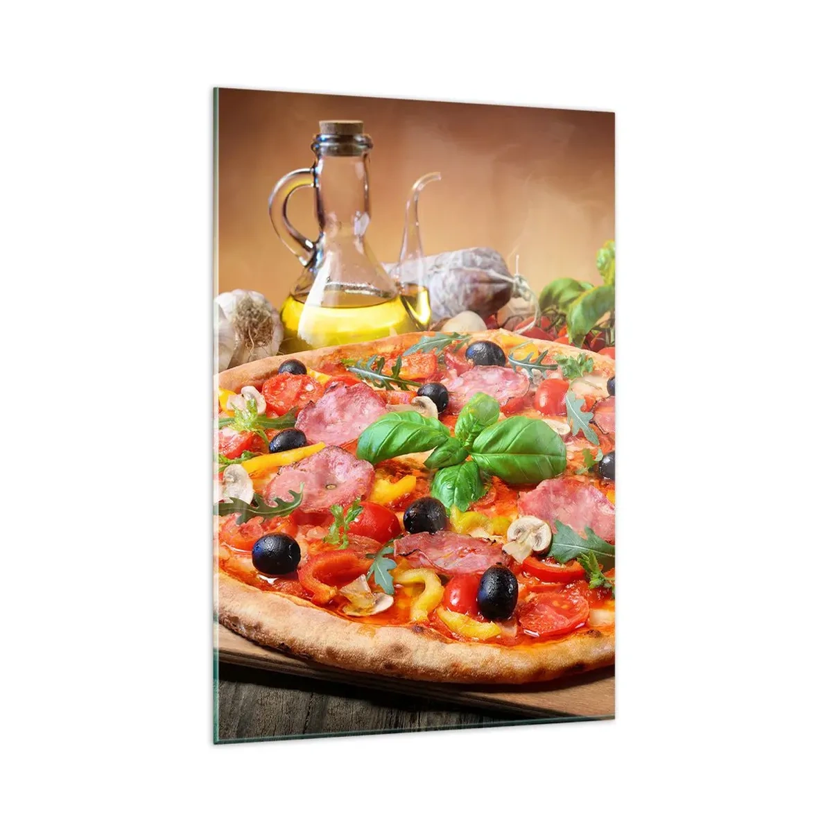 Impression sur verre - Image sur verre - Pizza appétissante sur une table en bois avec garnitures - 80x120cm - Avec une vraie saveur italienne - Décoration murale moderne pour le salon et la chambre ARTTOR
