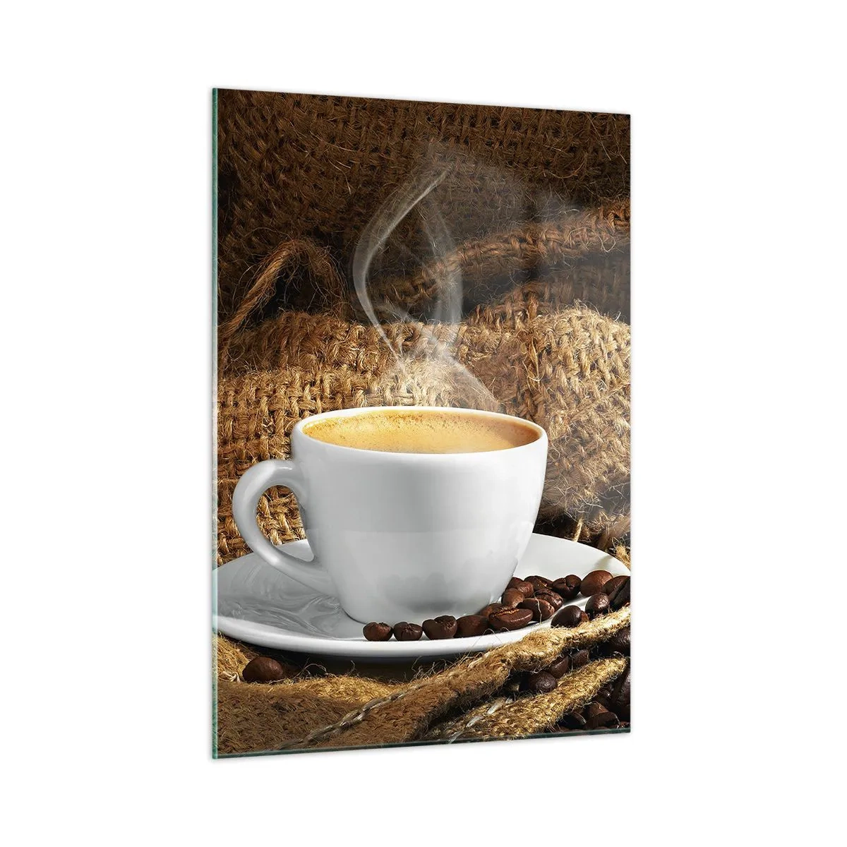 Impression sur verre - Image sur verre - Une tasse de café avec des grains sur un fond de jute - 50x70cm - L'odeur du moka et la densité du miel liquide - Décoration murale moderne pour le salon et la chambre ARTTOR