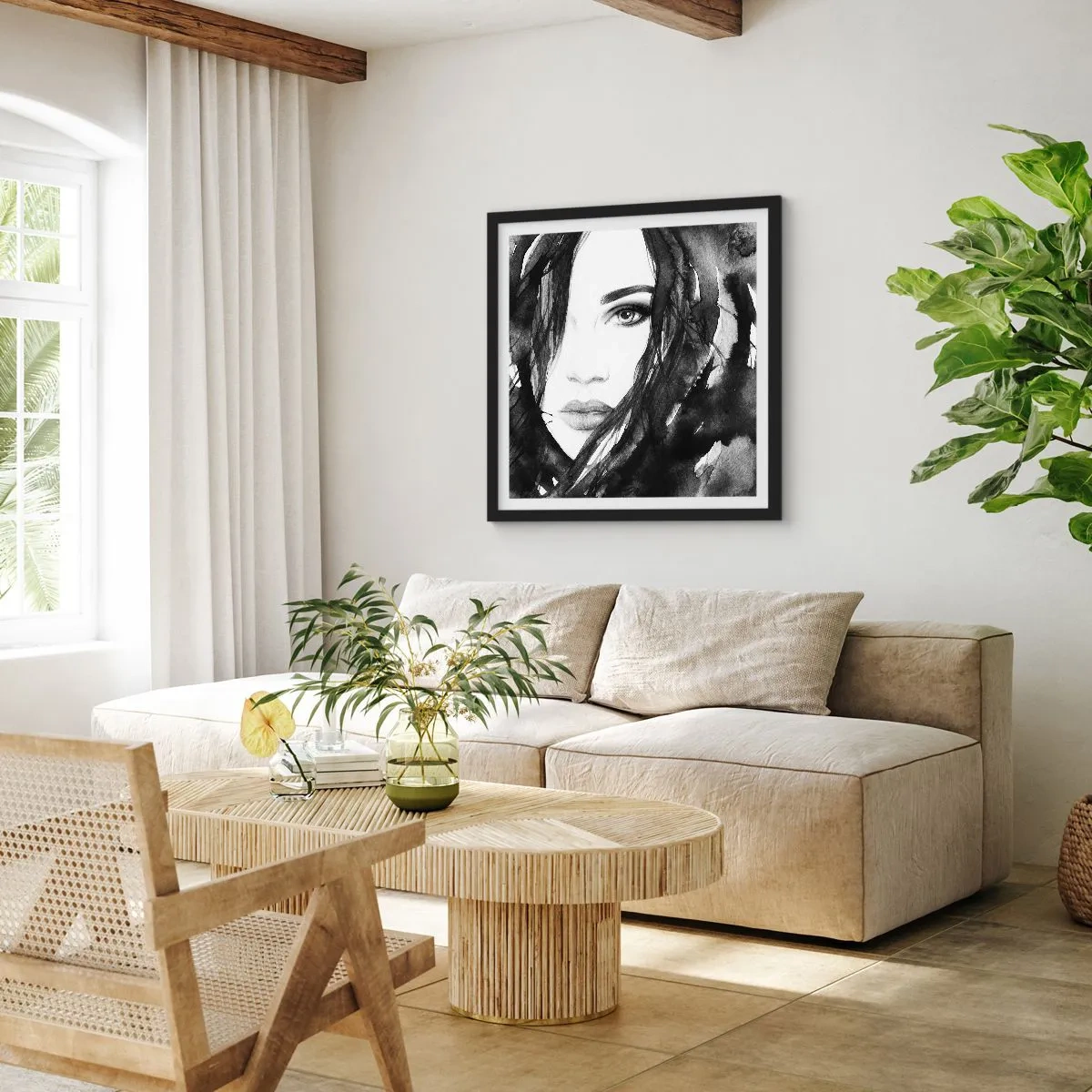 Affiche dans un cadre noir - Poster - Portrait d'une dame en noir et blanc - 30x30 cm