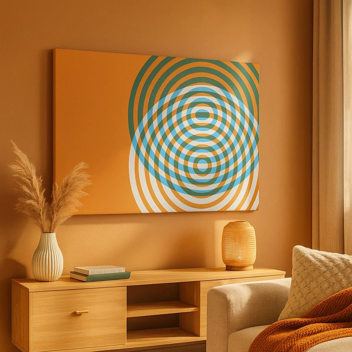 Impression sur toile - Image sur toile - Cercles concentriques sur fond orange - 70x50cm - Variation circulaire abstraite - Décoration murale moderne pour le salon et la chambre ARTTOR