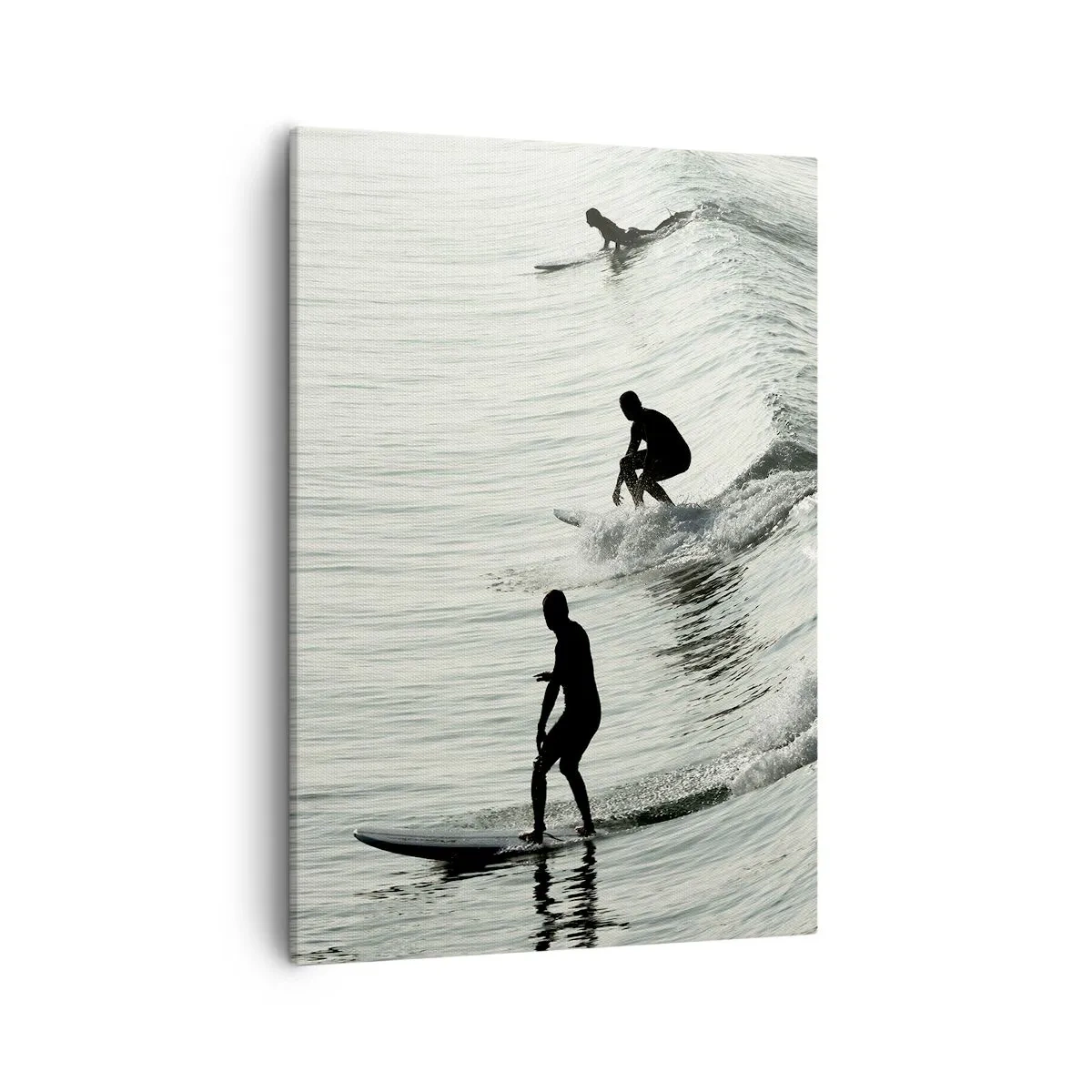 Impression sur toile - Image sur toile - Surfeurs sur les vagues dans une photo monochrome - 50x70cm - A la rencontre de la vague - Décoration murale moderne pour le salon et la chambre ARTTOR