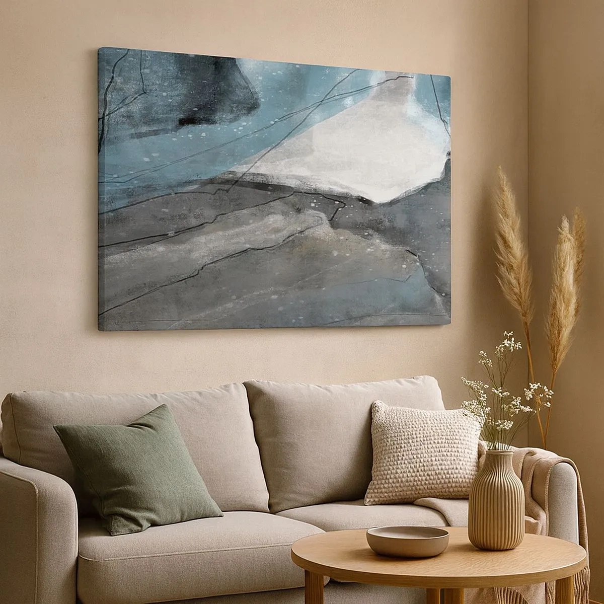 Impression sur toile - Image sur toile - Composition abstraite dans les tons de gris et de bleu - 70x50cm - Résumé : roches et glace - Décoration murale moderne pour le salon et la chambre ARTTOR