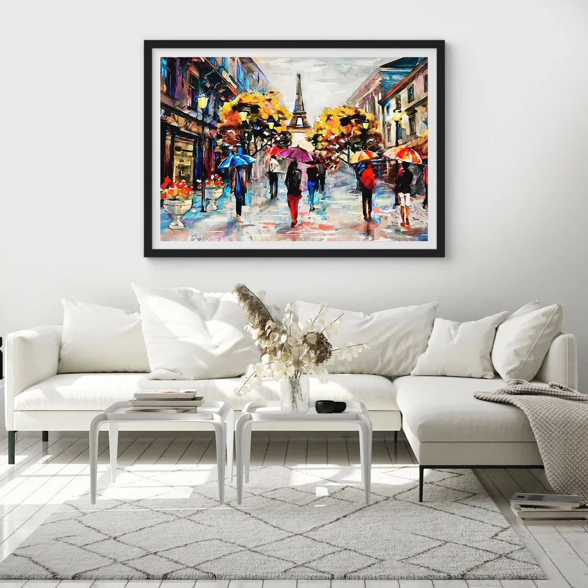 Affiche dans un cadre noir - Poster - Une promenade d'automne à Paris avec vue sur la Tour Eiffel - 100x70cm - Particulièrement beau en automne - Décoration murale moderne pour le salon et la chambre ARTTOR