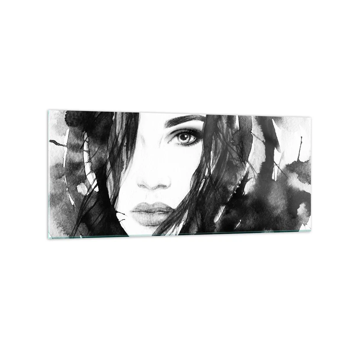 Impression sur verre - Image sur verre - Portrait de femme à l'aquarelle noir et blanc - 120x50cm - Portrait d'une dame en noir et blanc - Décoration murale moderne pour le salon et la chambre ARTTOR