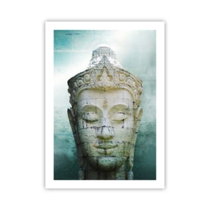 Affiche - Poster - Une statue de Bouddha sur un fond de subtiles nuances de vert - 50x70cm - A la recherche de la lumière - Décoration murale moderne pour le salon et la chambre ARTTOR