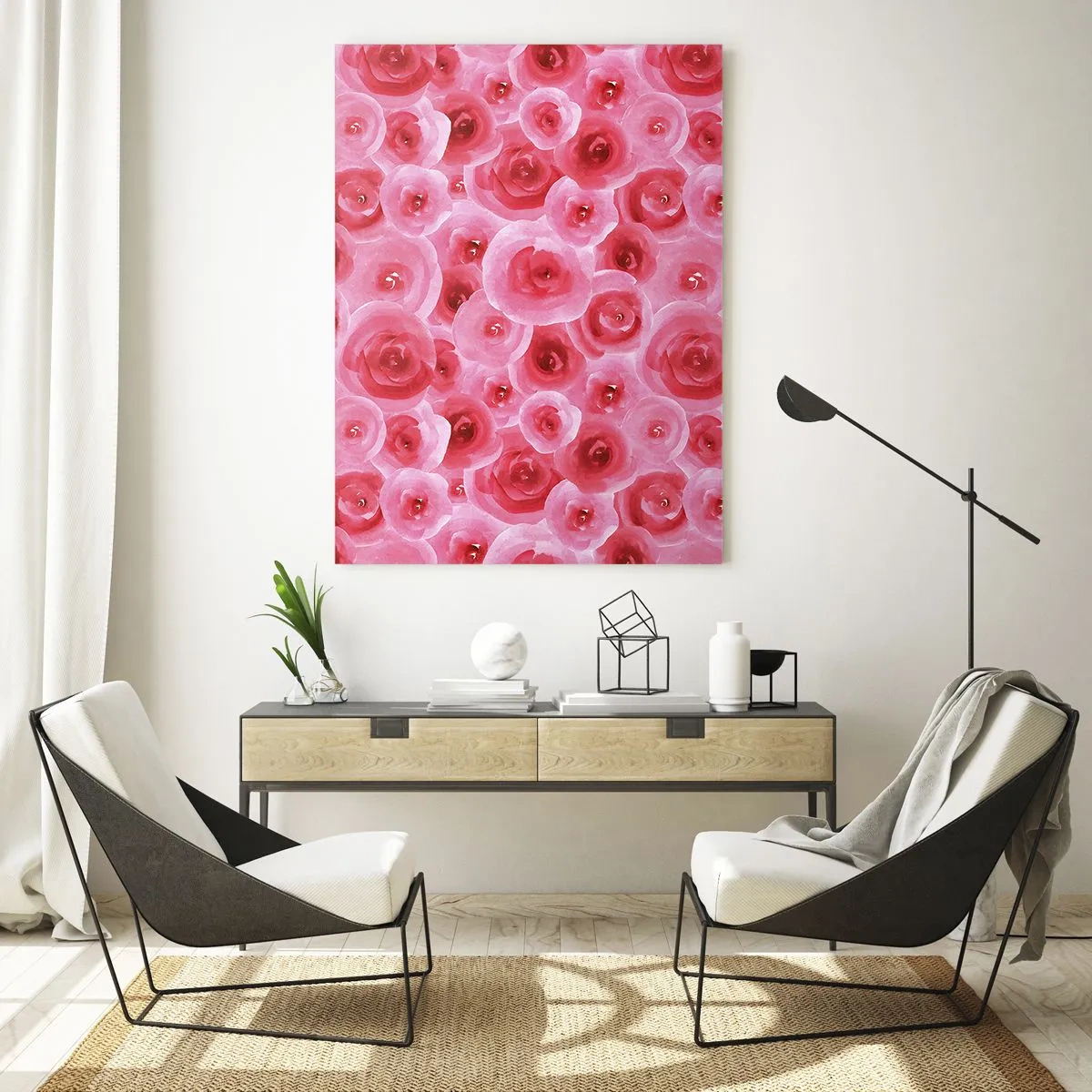 Impression sur verre - Image sur verre - Motif de rose aquarelle dans les tons de rouge et de rose - 50x70cm - Roses en-haut et en-bas - Décoration murale moderne pour le salon et la chambre ARTTOR