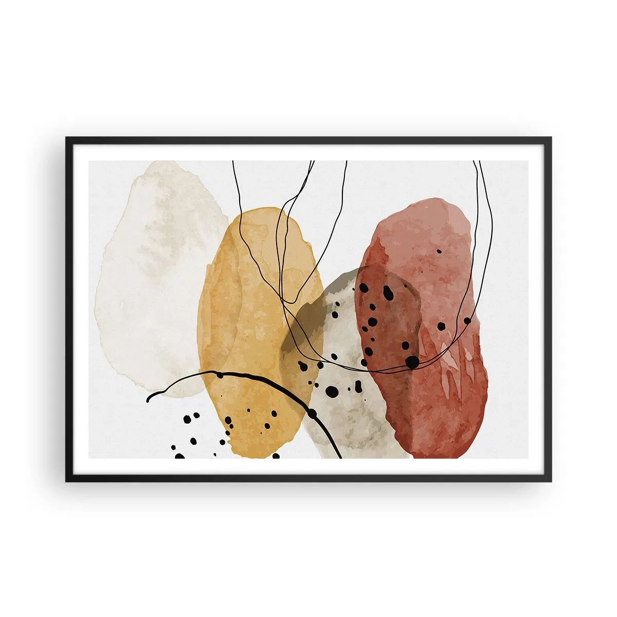 Affiche dans un cadre noir - Poster - Taches abstraites dans les tons beige, jaune et rouge - 100x70cm - Léger et transparent comme l'air - Décoration murale moderne pour le salon et la chambre ARTTOR