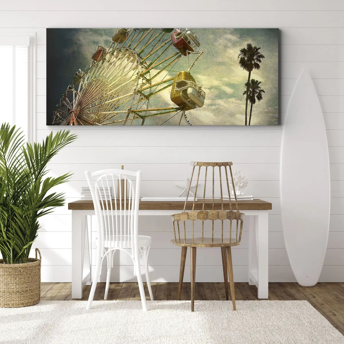 Impression sur toile - Image sur toile - Photo rétro d'une grande roue avec des palmiers contre le ciel - 160x50cm - On va faire la fête - Décoration murale moderne pour le salon et la chambre ARTTOR