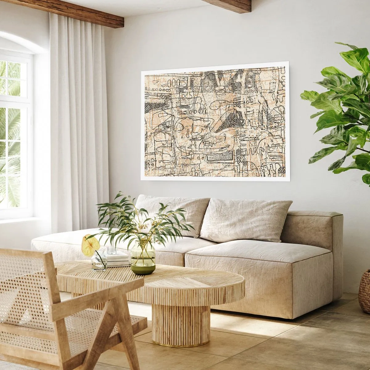 Affiche - Poster - Motifs abstraits et lignes sur fond beige - 100x70cm - Il attend d'être décodé - Décoration murale moderne pour le salon et la chambre ARTTOR
