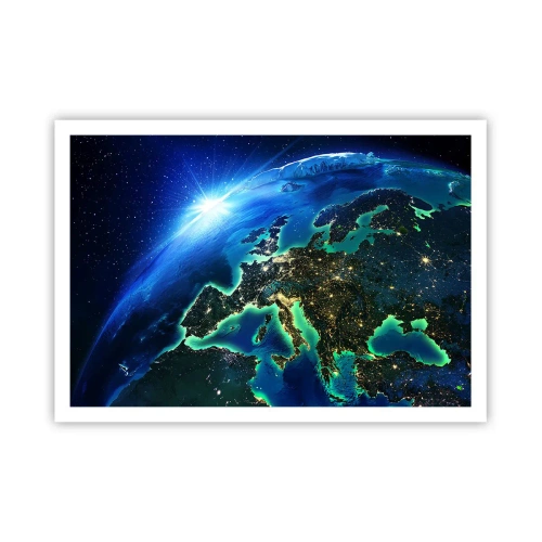Affiche - Poster - Une vue d'Europe depuis l'espace à la lueur du soleil levant. - 100x70cm - Europe pétillante - Décoration murale moderne pour le salon et la chambre ARTTOR