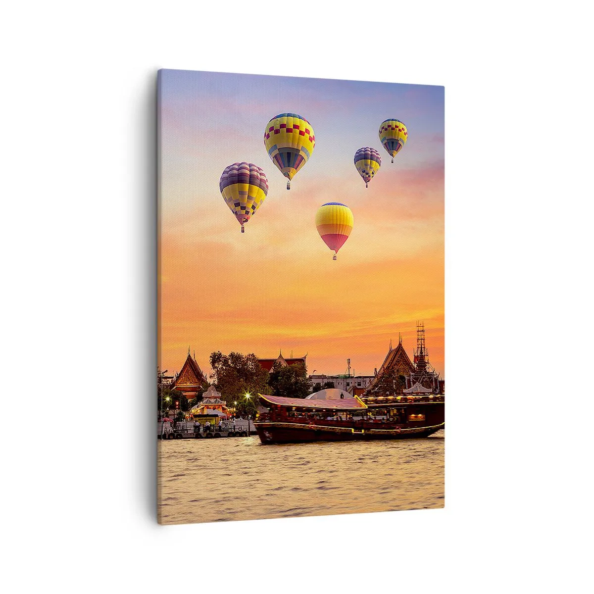 Impression sur toile - Image sur toile - Un temple et des ballons sur fond de soleil couchant sur la rivière - 50x70cm - C'est ici que naissent les contes de fées - Décoration murale moderne pour le salon et la chambre ARTTOR