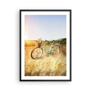 Affiche dans un cadre noir - Poster - Un vélo avec un panier rempli de fleurs dans un pré - 50x70cm - Je vais rester un petit moment - Décoration murale moderne pour le salon et la chambre ARTTOR