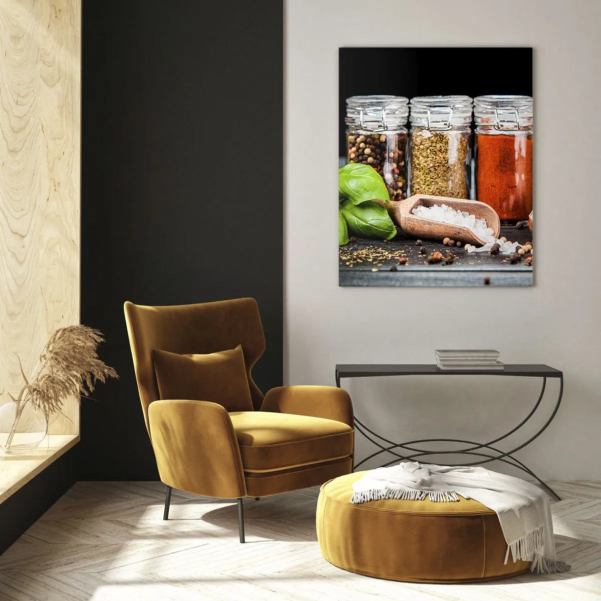 Impression sur verre - Image sur verre - Épices colorées dans des pots sur fond sombre - 50x70cm - Pour que la vie ait du goût - Décoration murale moderne pour le salon et la chambre ARTTOR