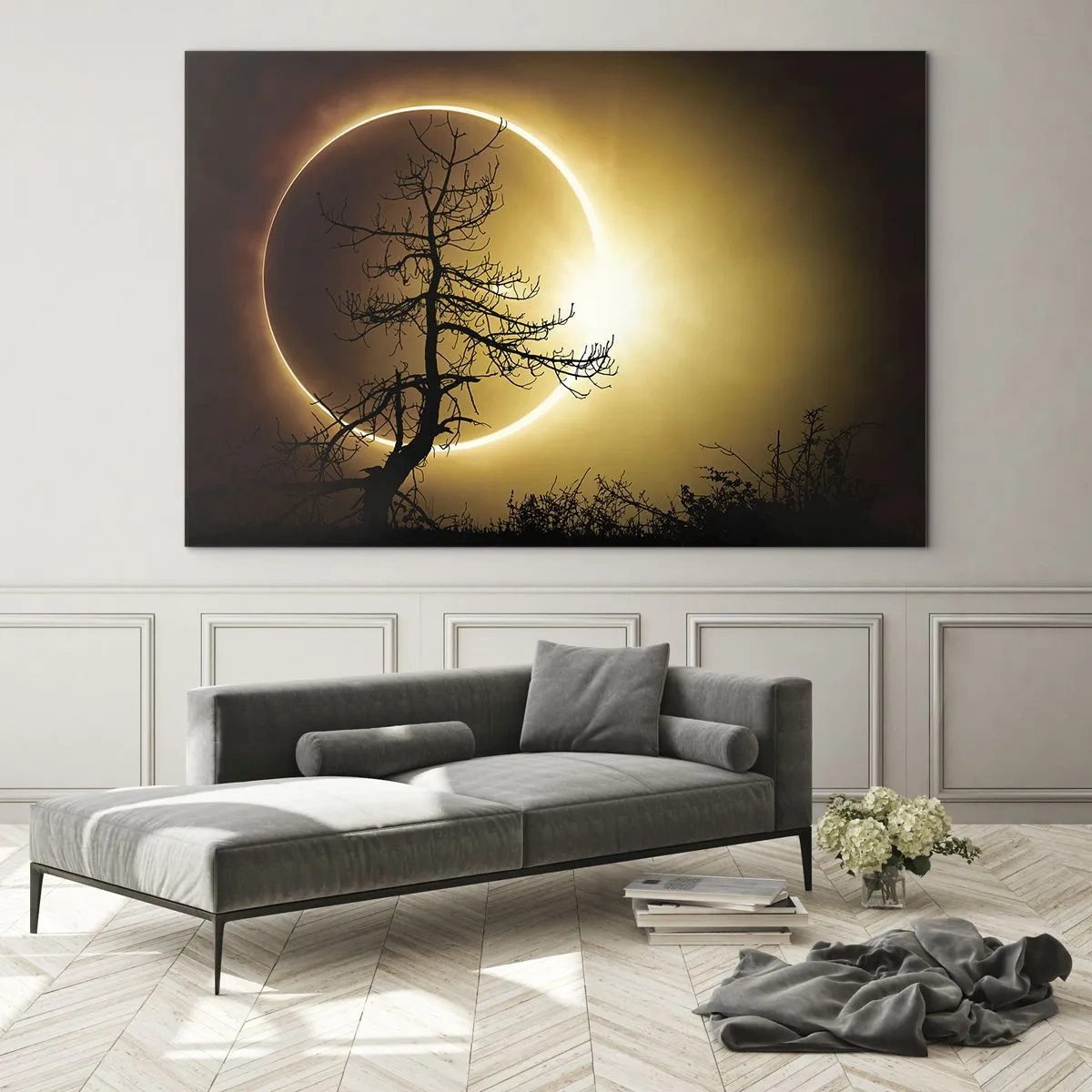 Impression sur verre - Image sur verre - Éclipse solaire derrière l'arbre - 100x70cm - Éclipse totale - Décoration murale moderne pour le salon et la chambre ARTTOR
