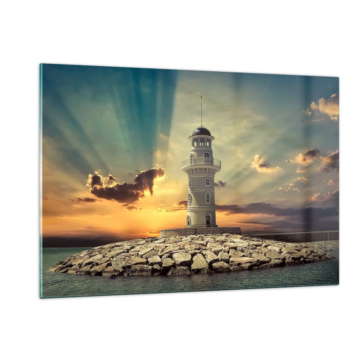 Impression sur verre - Image sur verre - Un phare sur fond de soleil couchant - 120x80cm - Lumière - Bonté - Beauté - Décoration murale moderne pour le salon et la chambre ARTTOR