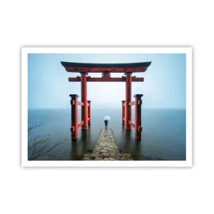 Affiche - Poster - Un portail torii surplombant un lac tranquille au Japon - 100x70cm - Rêverie japonnaise - Décoration murale moderne pour le salon et la chambre ARTTOR