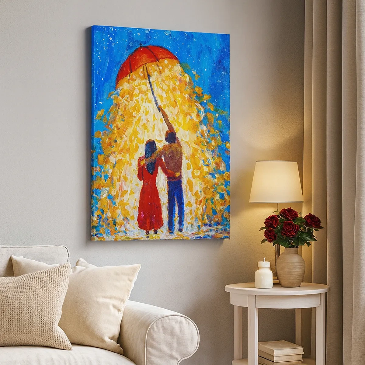 Impression sur toile - Image sur toile - Un couple sous un parapluie rouge sous la pluie lumineuse - 50x70cm - La magie d'une soirée pluvieuse ? - Décoration murale moderne pour le salon et la chambre ARTTOR
