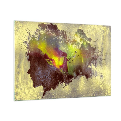 Impression sur verre - Image sur verre - Profil de visage de femme rempli de nature et d'effets colorés. - 100x70cm - Mère Nature - Décoration murale moderne pour le salon et la chambre ARTTOR