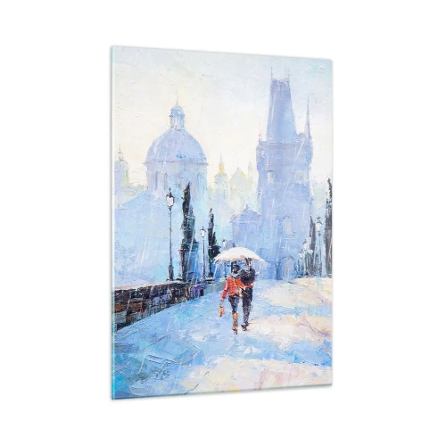 Impression sur verre - Image sur verre - Marcher avec un parapluie sur un pont historique un jour de pluie - 50x70cm - La pluie a dû nous charmer - Décoration murale moderne pour le salon et la chambre ARTTOR