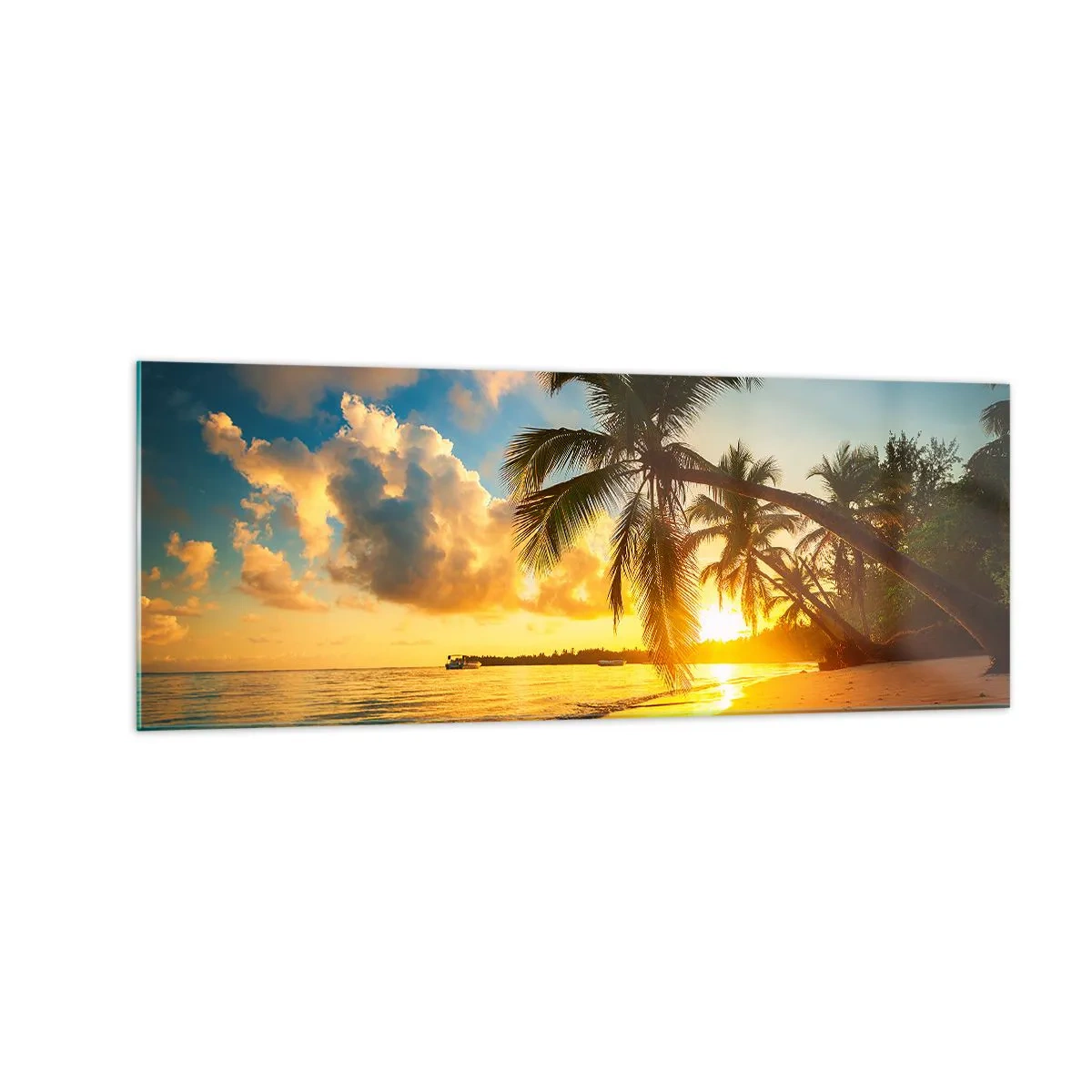 Impression sur verre - Image sur verre - Plage au coucher du soleil avec des palmiers au bord de la mer - 140x50cm - Rêve caribéen - Décoration murale moderne pour le salon et la chambre ARTTOR