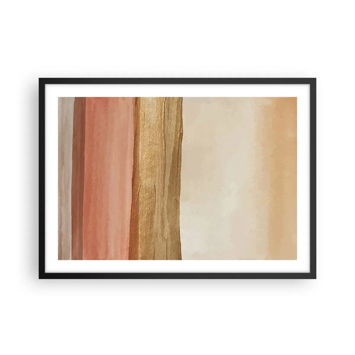 Affiche dans un cadre noir - Poster - Rayures abstraites dans les tons beige, or et rose sur toile - 70x50cm - Composition verticale - Décoration murale moderne pour le salon et la chambre ARTTOR