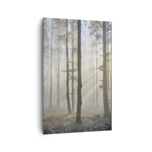 Impression sur toile - Image sur toile - Une forêt dans un léger brouillard avec des rayons de soleil qui brillent à travers les arbres - 80x120cm - Le brouillard s'est aussi réveillé - Décoration murale moderne pour le salon et la chambre ARTTOR