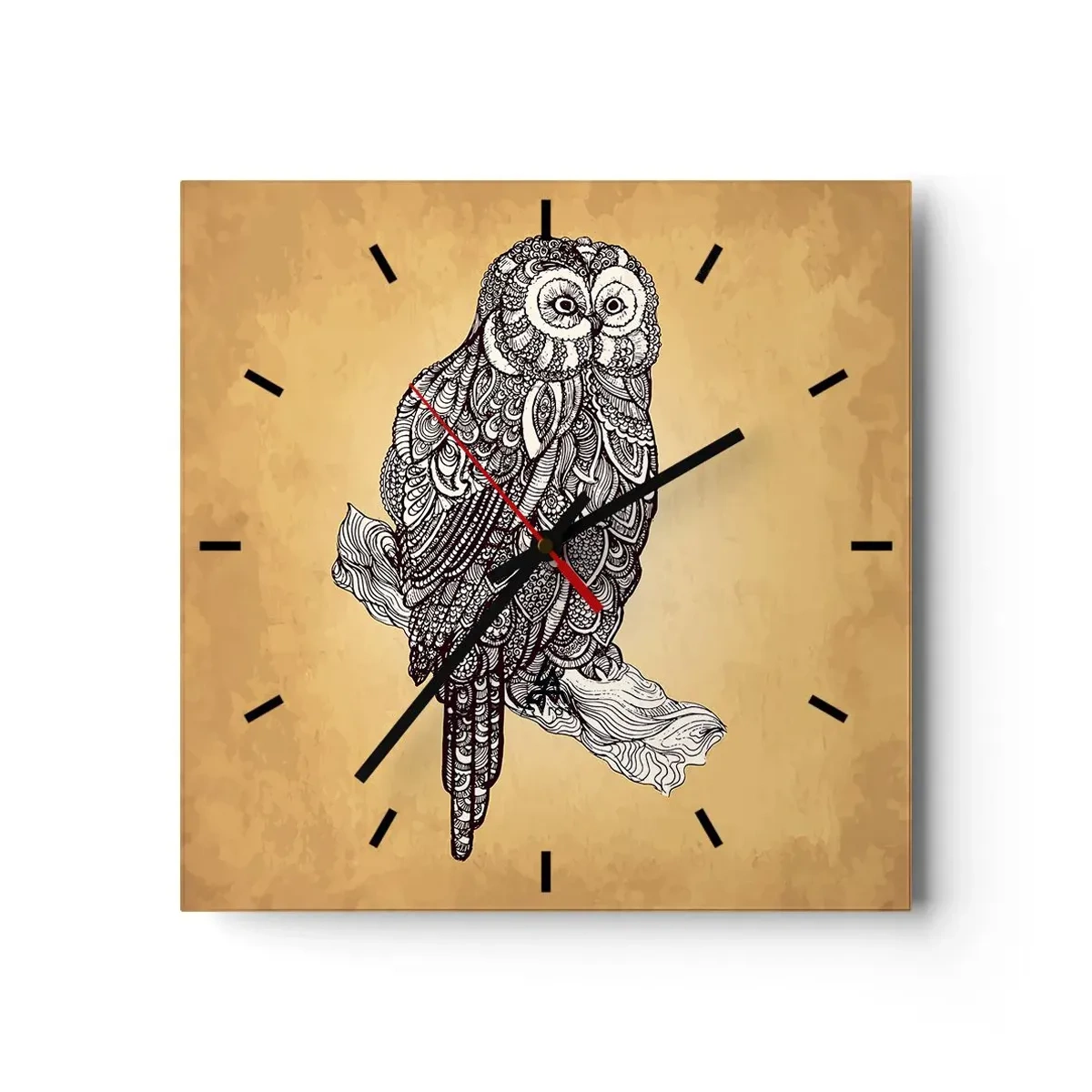 Horloge murale - Pendule murale - Un hibou de style ornemental sur fond beige - 30x30cm - Ornements complexes de sagesse - Décoration murale moderne pour le salon et la chambre ARTTOR