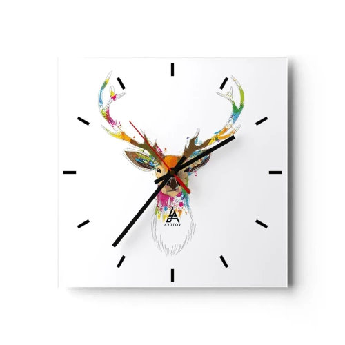 Horloge murale - Pendule murale - Tête de cerf colorée dans un style artistique - 30x30cm - Un cerf doux baigné de couleur - Décoration murale moderne pour le salon et la chambre ARTTOR