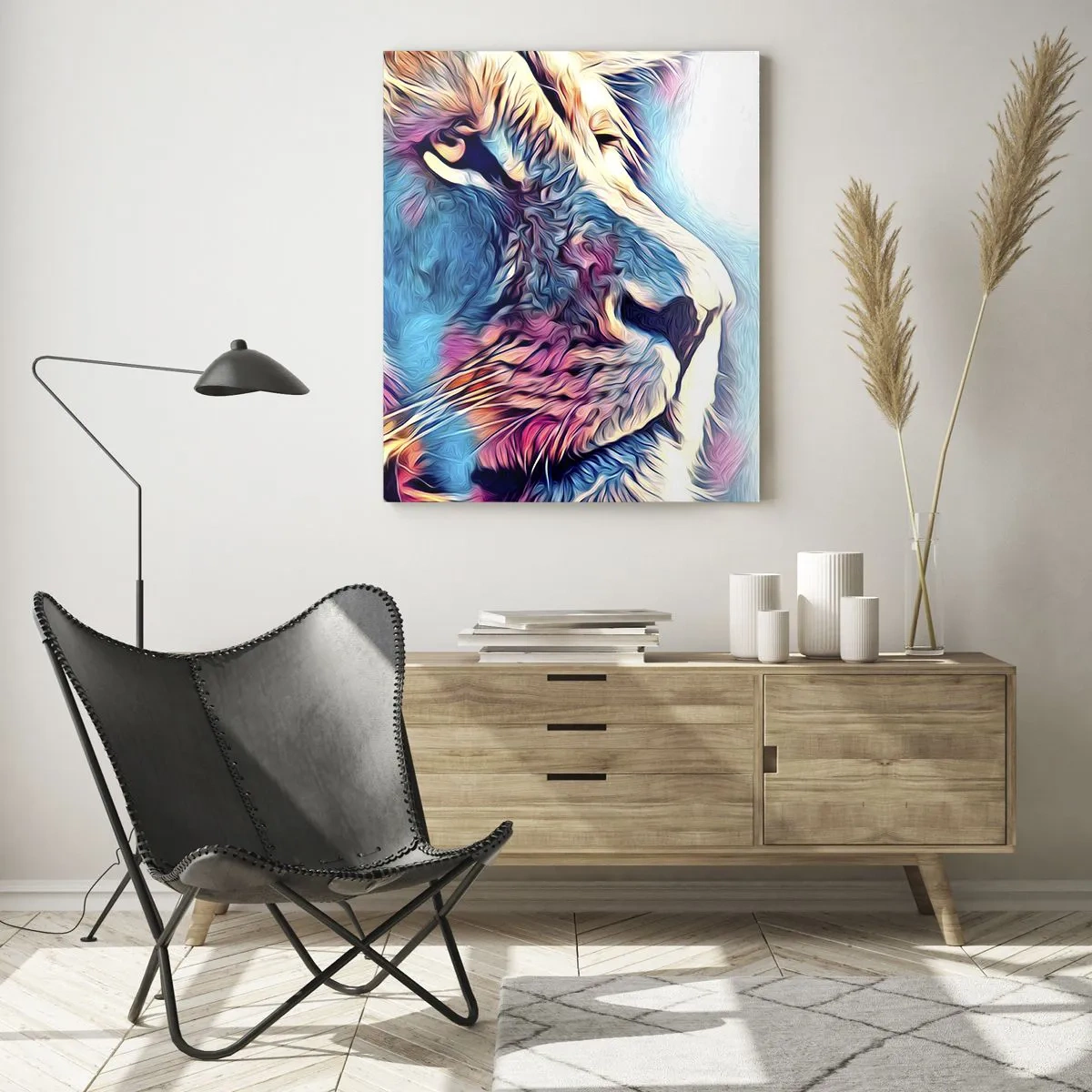 Impression sur verre - Image sur verre - Portrait d'un lion aux couleurs vives et abstraites - 80x120cm - L'intelligence de la nature - Décoration murale moderne pour le salon et la chambre ARTTOR