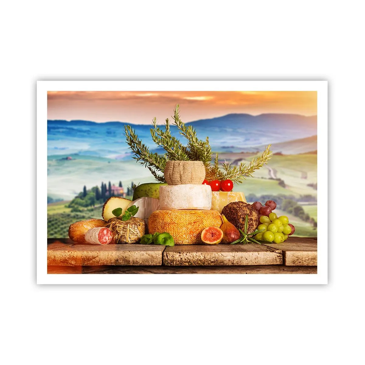 Affiche - Poster - Une composition de fromages et de fruits sur fond de paysage toscan - 100x70cm - La joie de vivre à l'italienne - Décoration murale moderne pour le salon et la chambre ARTTOR