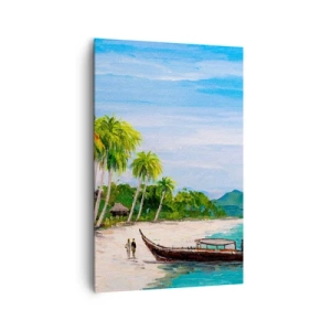 Impression sur toile - Image sur toile - Une plage exotique avec des palmiers et un bateau sur le rivage - 80x120cm - Rêve exotique - Décoration murale moderne pour le salon et la chambre ARTTOR