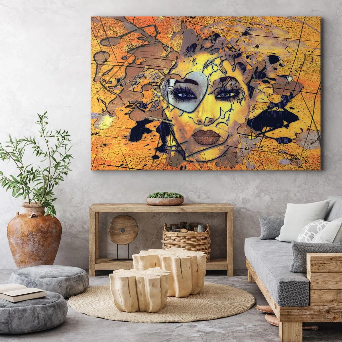 Impression sur toile - Image sur toile - Portrait abstrait d'une femme dans des tons jaune doré - 100x70cm - Beauté ensoleillée - Décoration murale moderne pour le salon et la chambre ARTTOR