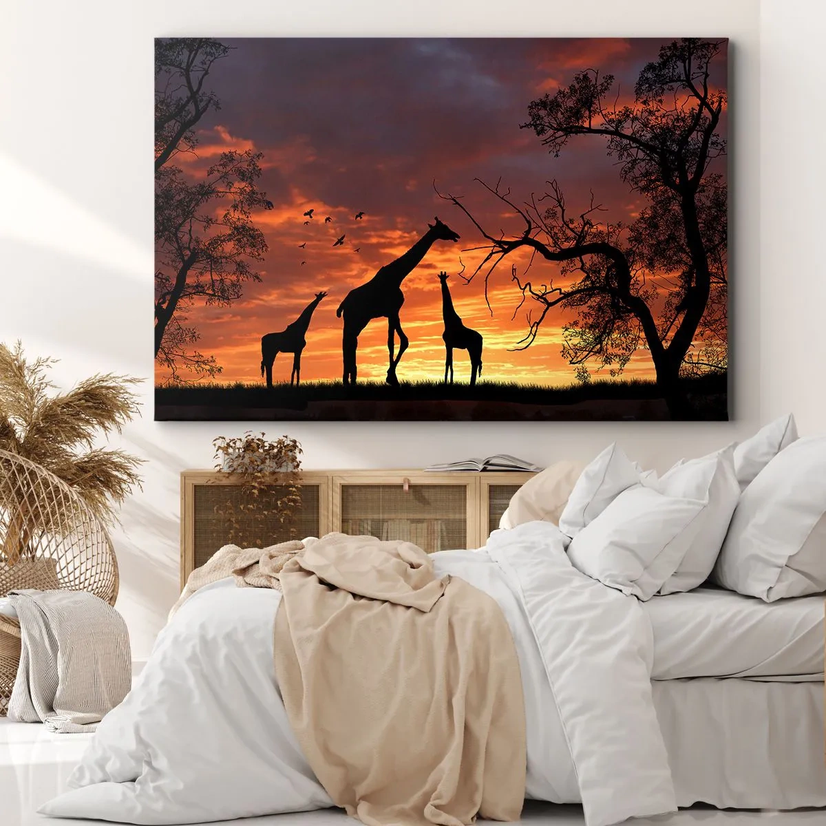 Impression sur toile - Image sur toile - Silhouettes de girafes sur fond de coucher de soleil africain - 100x70cm - Un petit dîner avec vos proches - Décoration murale moderne pour le salon et la chambre ARTTOR