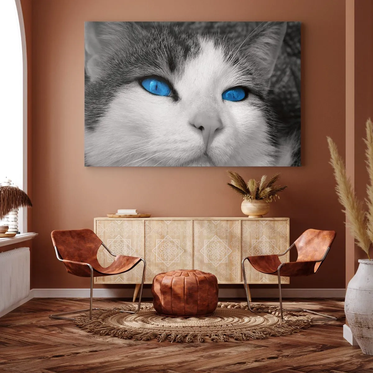 Impression sur toile - Image sur toile - Portrait d'un chat aux yeux bleus en noir et blanc - 70x50cm - Yeux bleus inhabituels - Décoration murale moderne pour le salon et la chambre ARTTOR