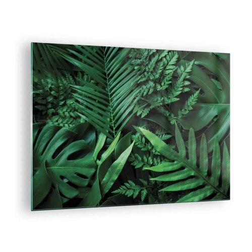 Impression sur verre - Image sur verre - Feuilles vertes denses de plantes tropicales dans la composition - 70x50cm - Emmitouflé de verdure - Décoration murale moderne pour le salon et la chambre ARTTOR