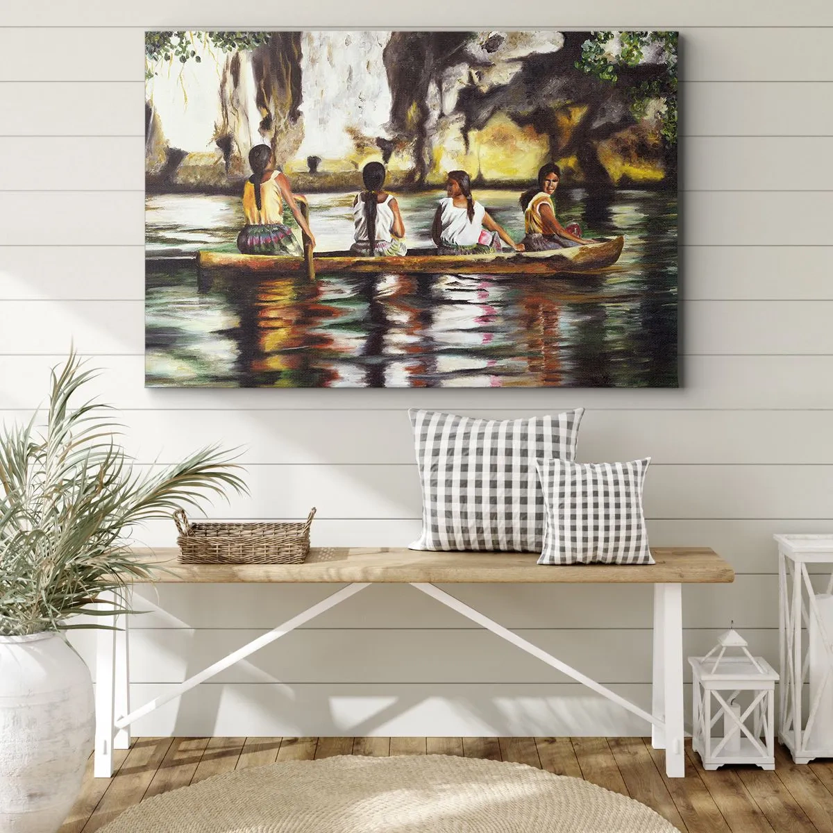Impression sur toile - Image sur toile - Femmes dans un bateau sur une rivière calme avec un arrière-plan pittoresque - 70x50cm - Dans un paradis polynésien - Décoration murale moderne pour le salon et la chambre ARTTOR