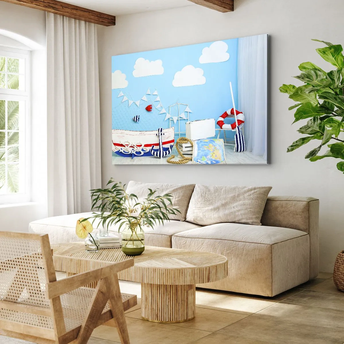 Impression sur toile - Image sur toile - Décoration nautique avec un bateau et des accessoires sur fond bleu - 70x50cm - Nostalgie infantile de l'aventure - Décoration murale moderne pour le salon et la chambre ARTTOR