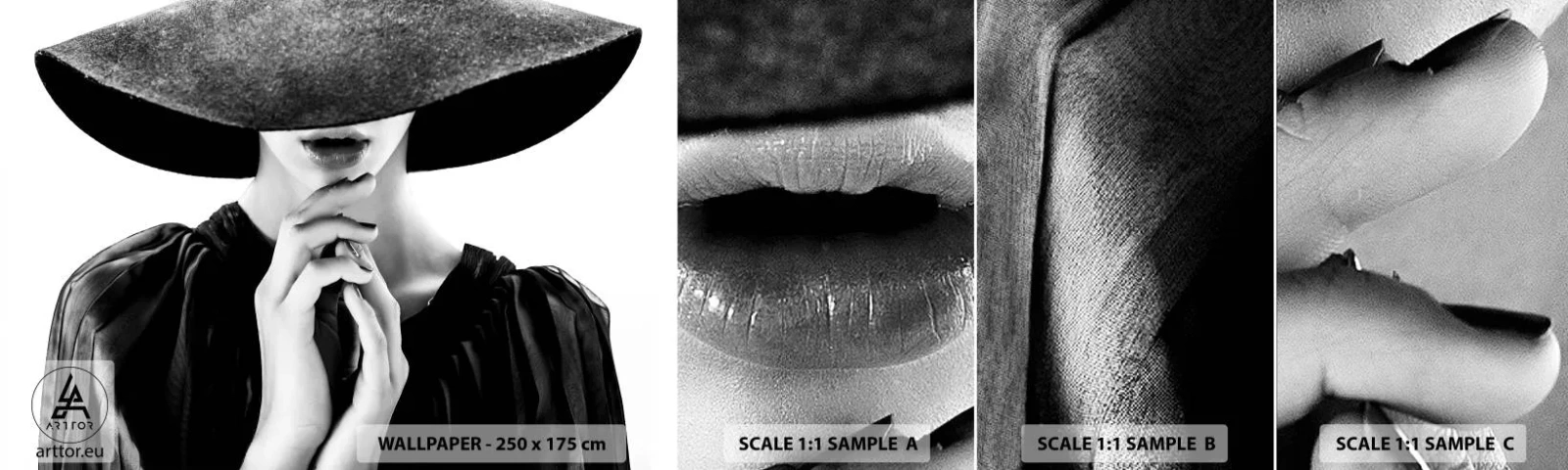 Échantillon de Papier Peint Autocollant Deluxe Sticker - Beauté cachée - Femme au chapeau, Mains de femmes, Mode - 100x30 cm