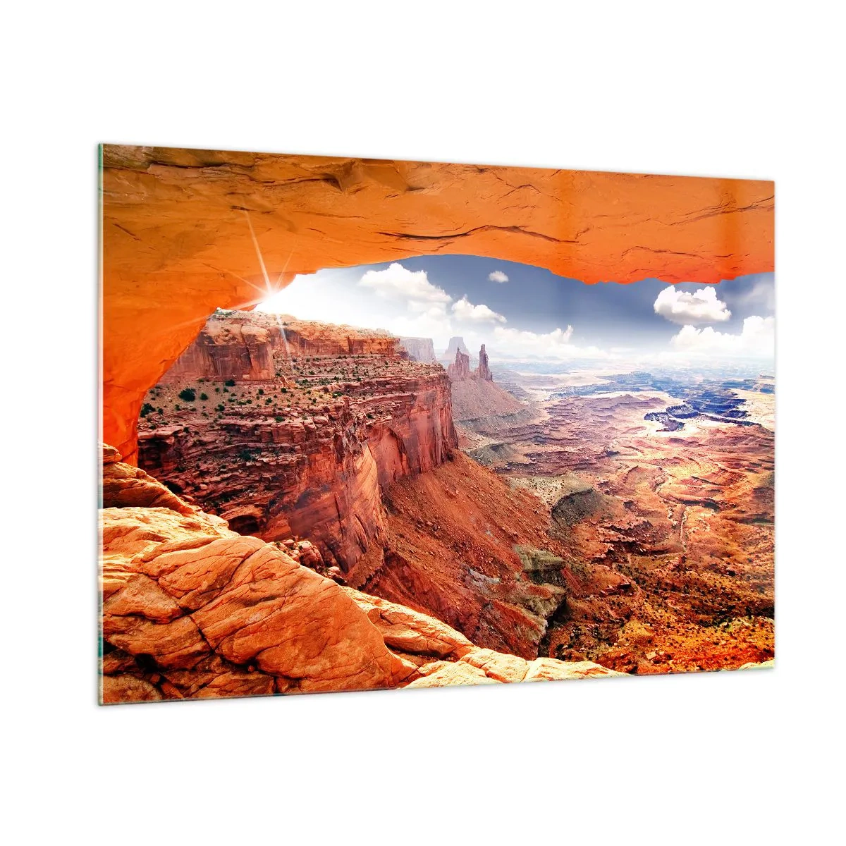 Impression sur verre - Image sur verre - Vue du canyon à travers une arche rocheuse avec les rayons du soleil - 100x70cm - Sculpté par la nature elle-même - Décoration murale moderne pour le salon et la chambre ARTTOR