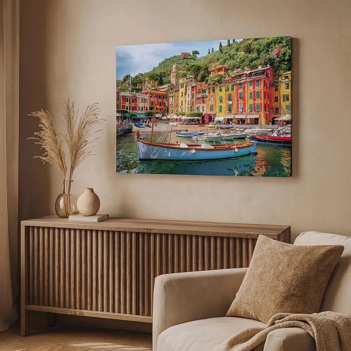 Impression sur toile - Image sur toile - Maisons de ville colorées et bateaux dans une ville balnéaire italienne - 70x50cm - Matinée italienne - Décoration murale moderne pour le salon et la chambre ARTTOR