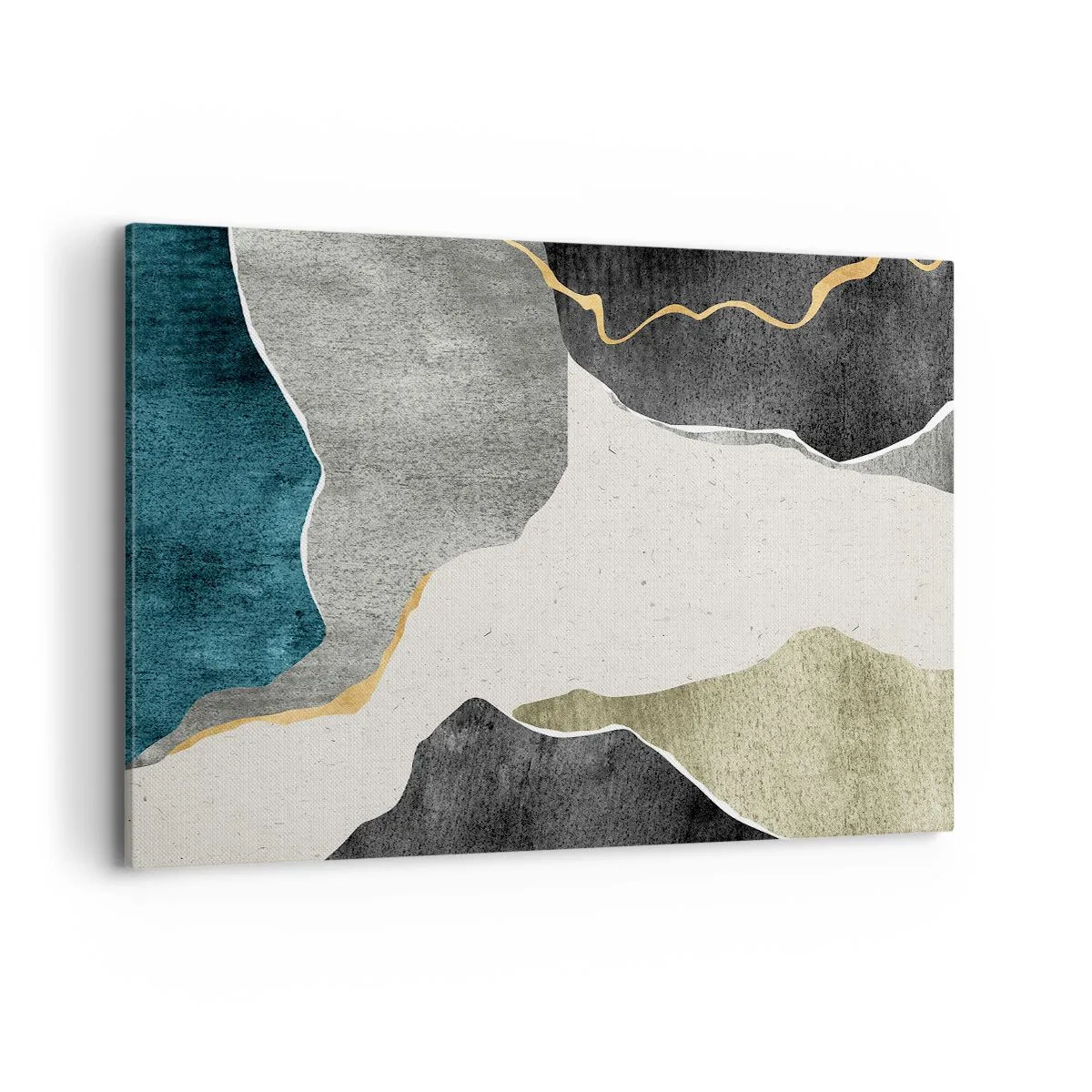 Impression sur toile - Image sur toile - Formes géométriques dans les tons de gris, vert et or - 100x70cm - Composition mosaïque avec un fil d'or - Décoration murale moderne pour le salon et la chambre ARTTOR