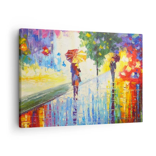 Impression sur toile - Image sur toile - Une promenade avec un parapluie dans un paysage pluvieux coloré - 70x50cm - Et tout est clair - Décoration murale moderne pour le salon et la chambre ARTTOR