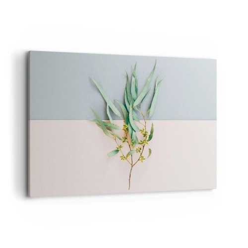 Impression sur toile - Image sur toile - Une branche avec des feuilles sur un fond de tons pastel - 100x70cm - Subtilité pastel - Décoration murale moderne pour le salon et la chambre ARTTOR