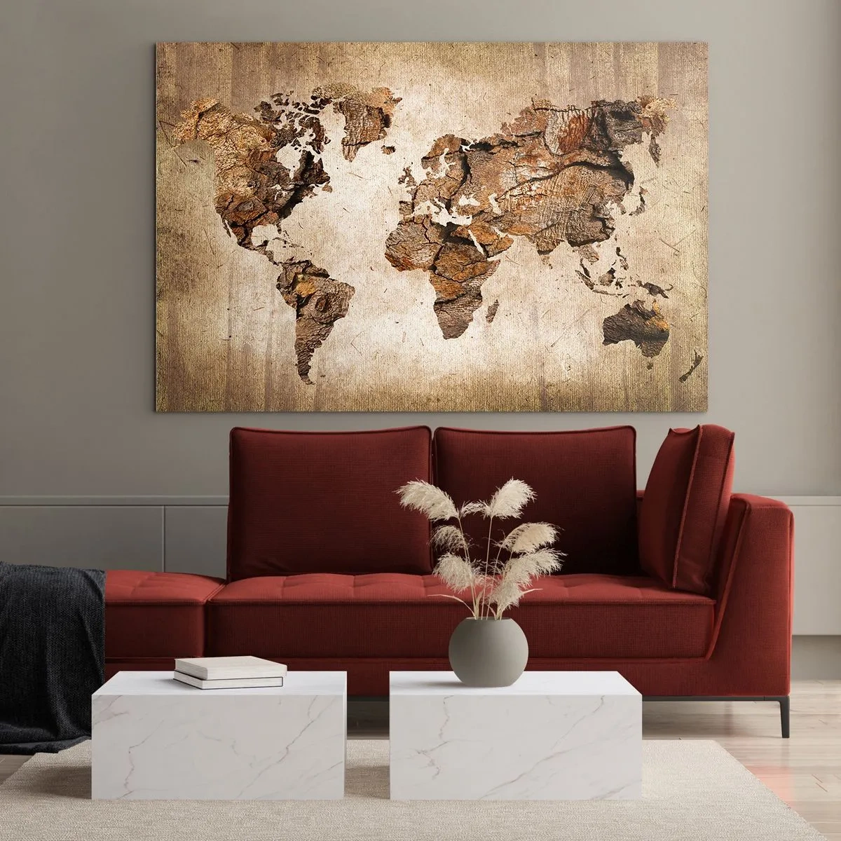 Impression sur verre - Image sur verre - Une carte du monde aux tons bruns imitant le bois - 70x50cm - Découverte du monde - Décoration murale moderne pour le salon et la chambre ARTTOR
